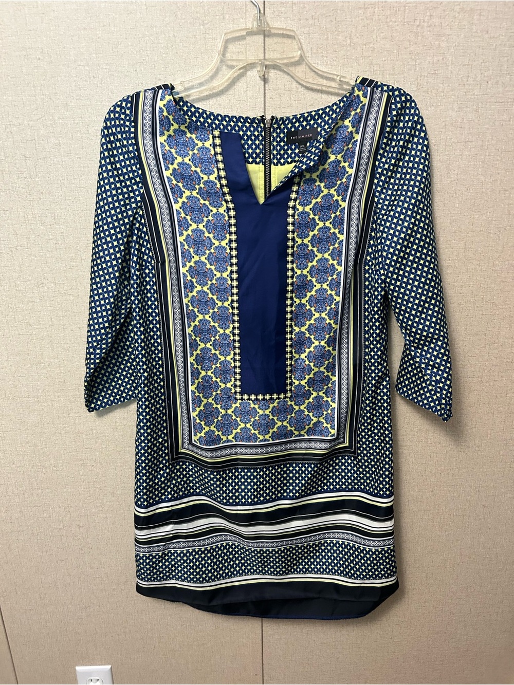 The Limited Navy Blue Patterned Split-Neck Tunic with Yellow Accents